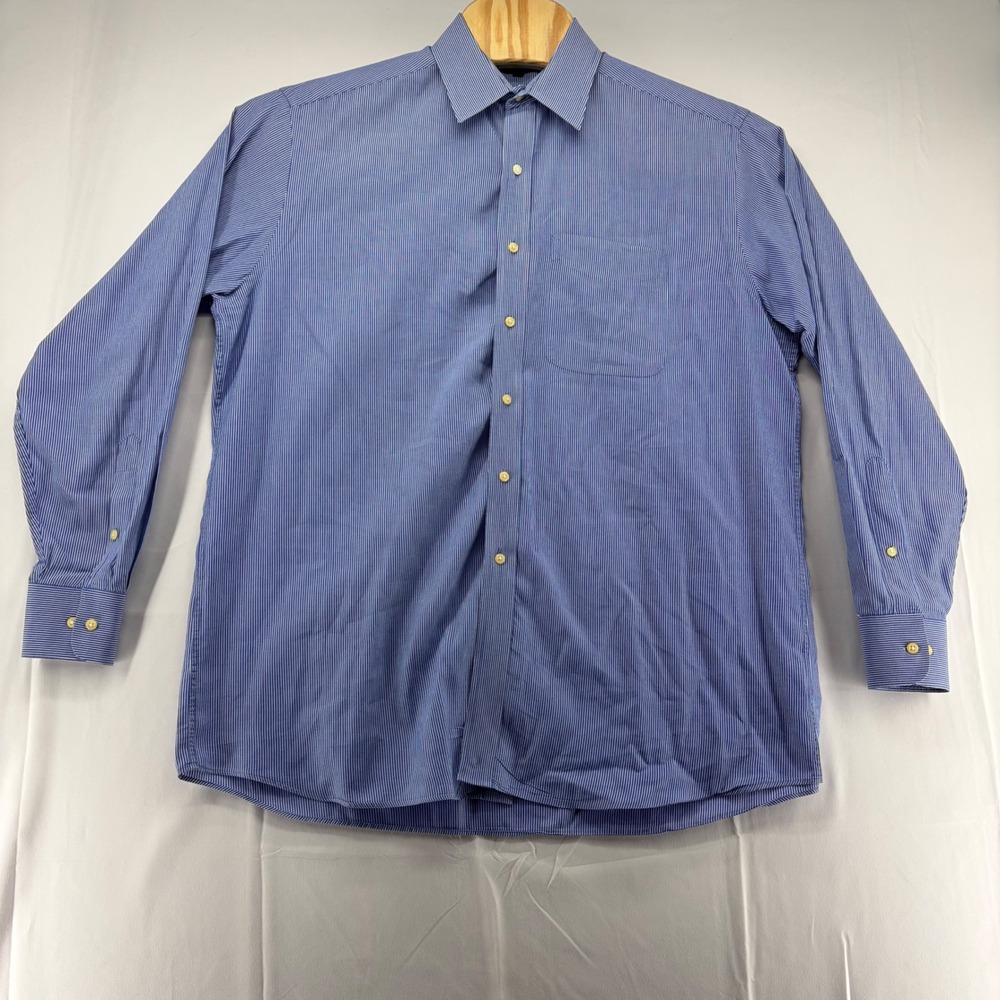 Tommy Hilfiger Mens Blue White Pinstripe Cotton Dress Shirt 16.5 34-35 L 70D1/08